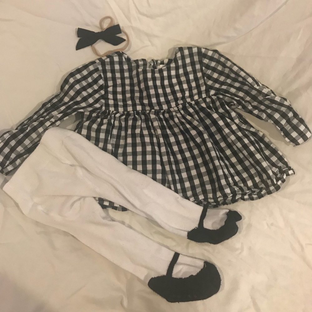 Gingham baby girl dress with tights and headband